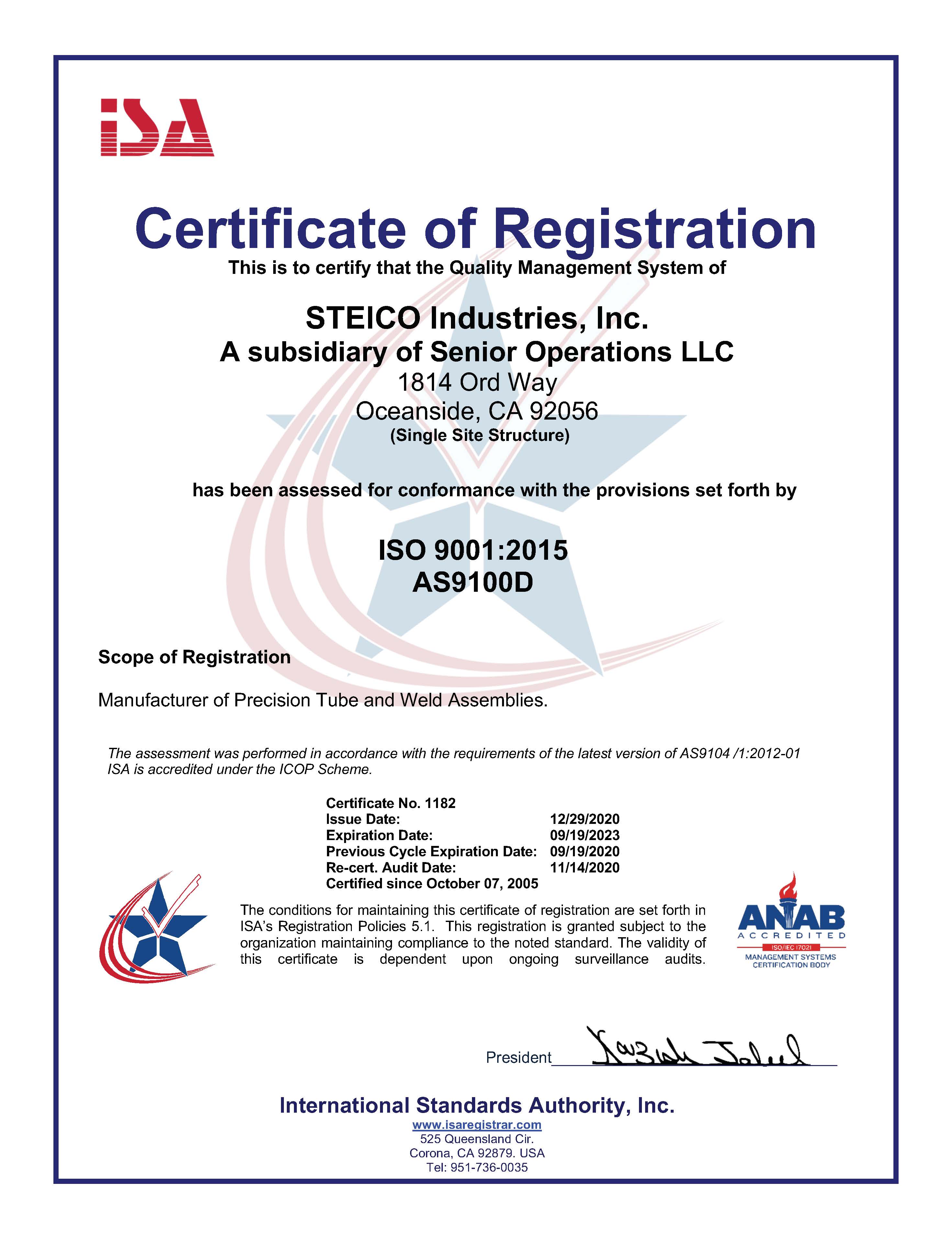 ISA AS9100D Certificate