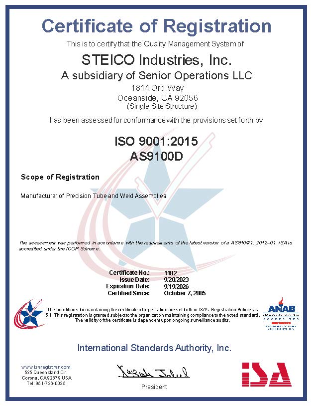 ISA AS9100D Certificate